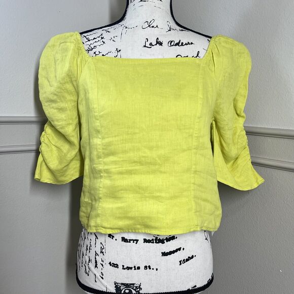 NWT Rachel Zoe 100% Linen Blouse Large Yellow Shirt Puff Sleeve Peasant Crop Top - Picture 1 of 9